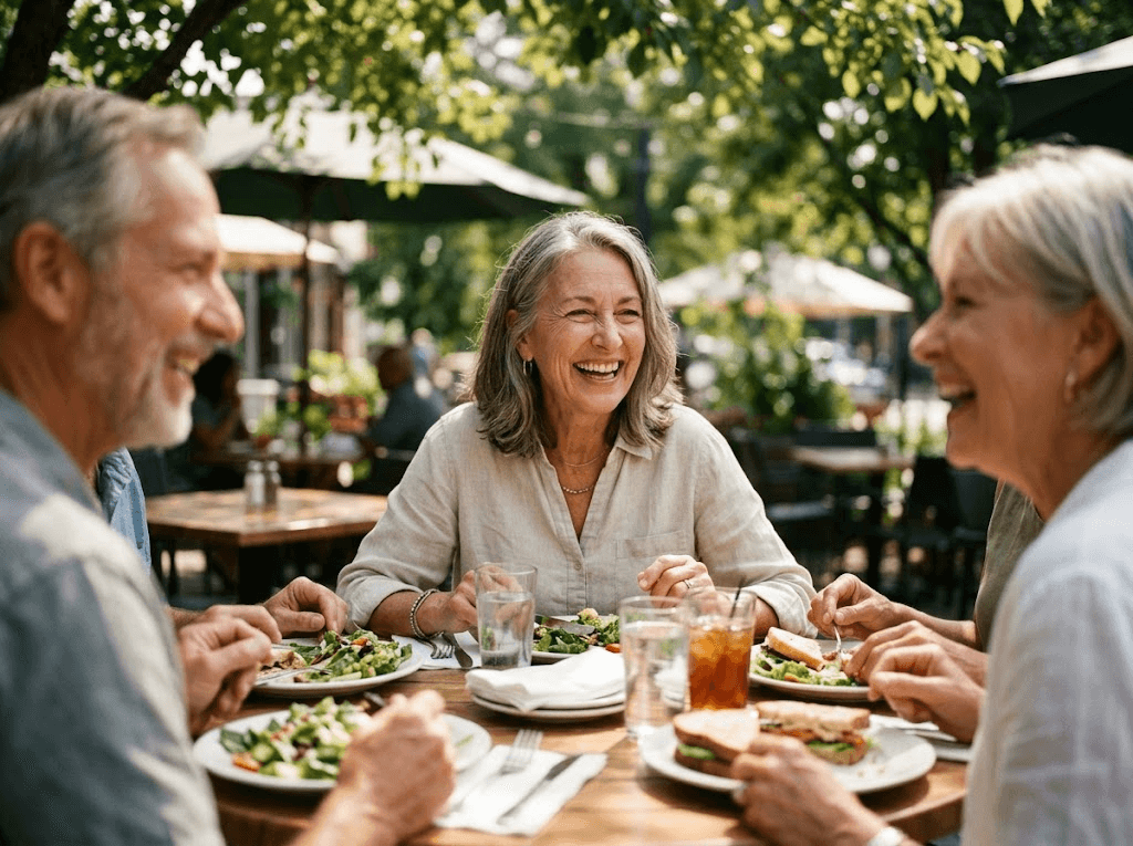 Woman laughing with friends over lunch on a café patio.