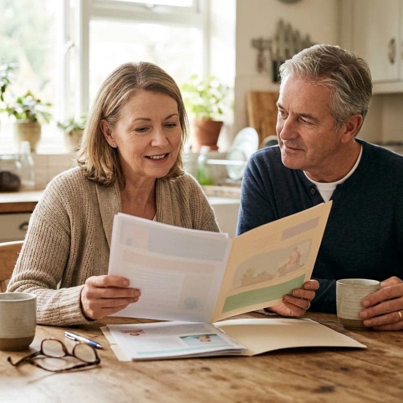 Couple reviewing information together at their kitchen table.