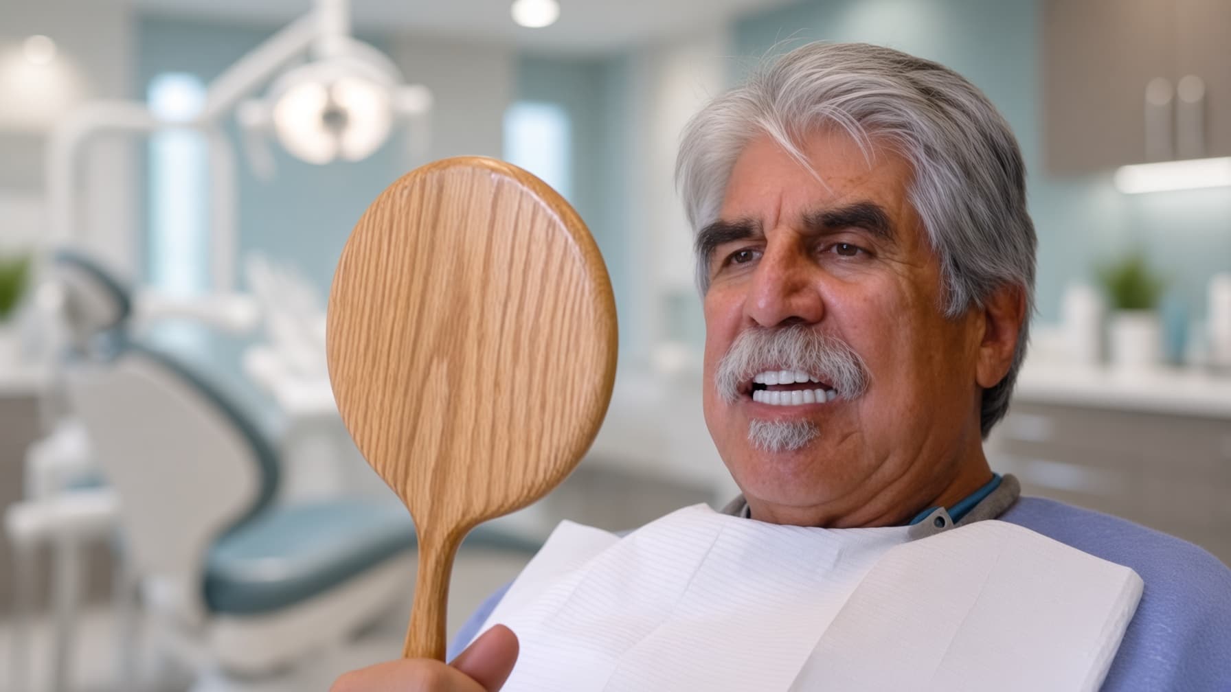 An Implants 4 Life patient looking at a new smile in a handheld mirror